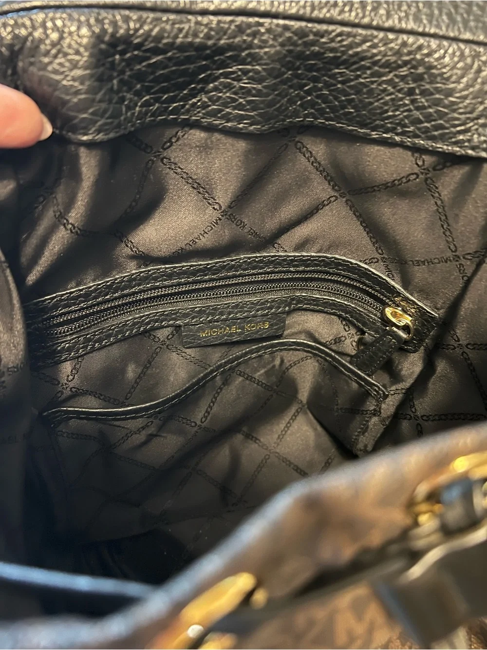 Michael Kors Brown Signature MK Canvas Backpack with Black Leather Flap
